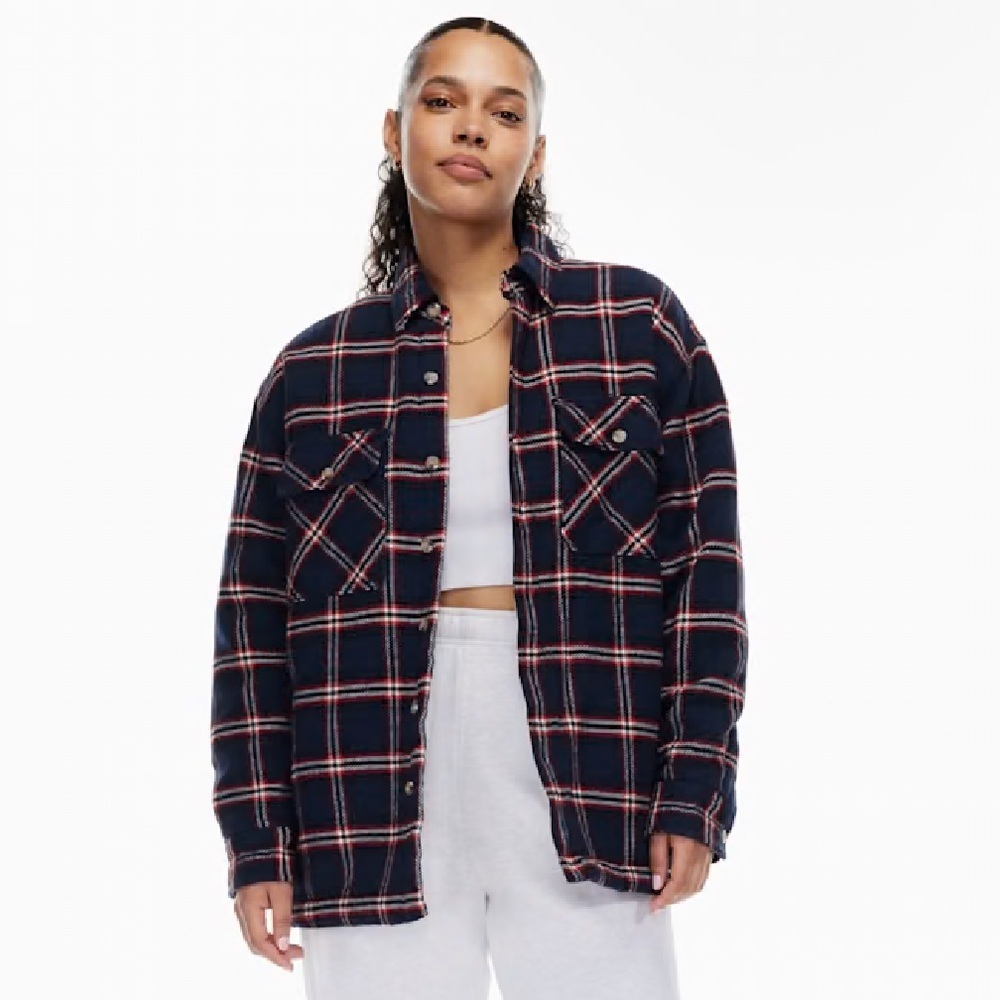 Aritzia TNA Prospect Shirt Jacket Womens Size 1 Plaid Sherpa Flannel Oversized